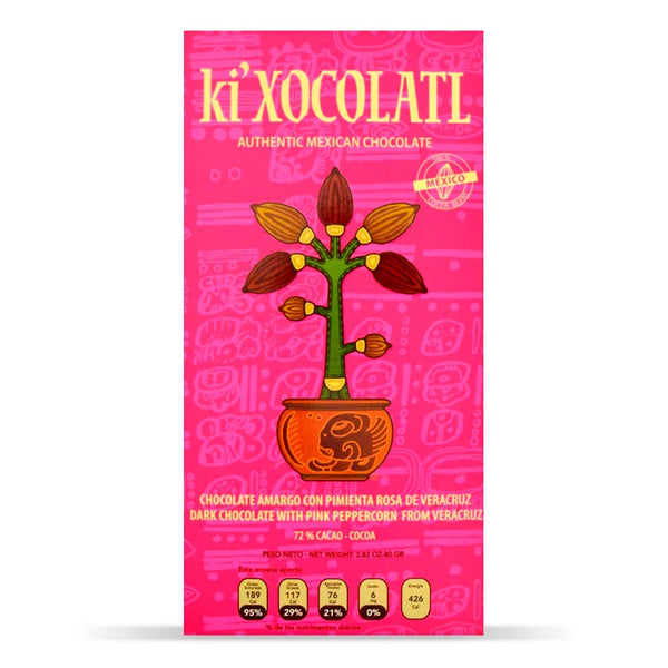 Barra Gourmet "ki'Xocolatl" Chocolate Semiamargo con Pimienta Rosa de Veracruz