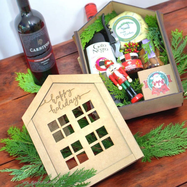 Personaliza Kit Casita Navideña, Vino, mermelada y Queso