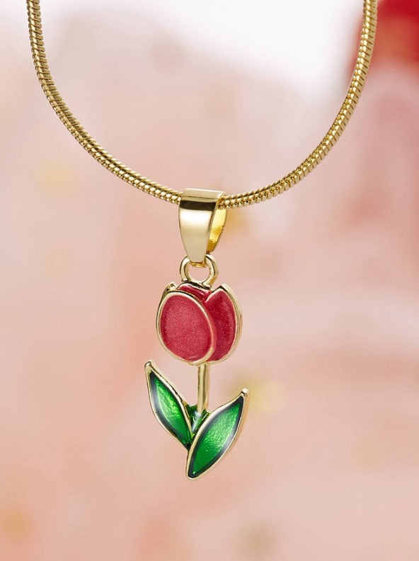 Collar con dije Tulipán gota de aceite rosa