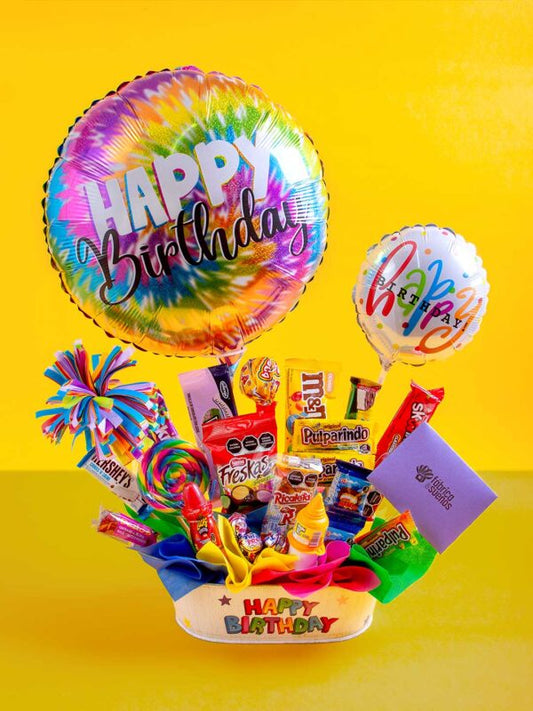 Tina de Dulces y Globo Happy Birthday