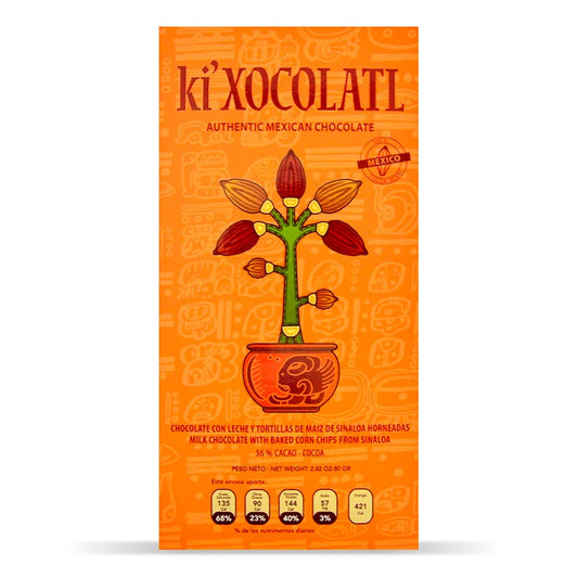 Barra Gourmet "ki'Xocolatl" Chocolate con Leche con Tortillas de Maíz Horneadas de Sinaloa